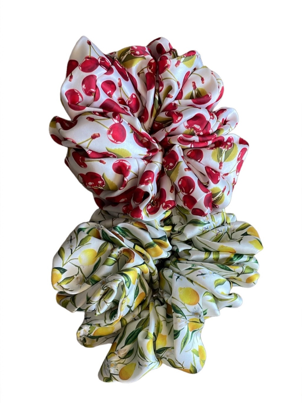 Piper-K Silk-Feel Cherry & Lemon Print Jumbo Scrunchie Set
